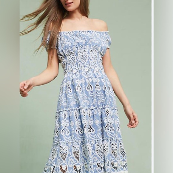 Blue and White Embroidered "Mira" Off-Shoulder Midi Dress by Payal Jain - Picture 1 of 3